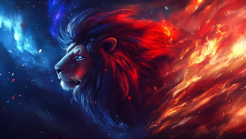 Celestial lion divides cold nebula and blazing inferno sky