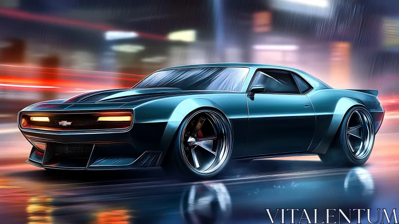 Retro muscle car accelerates through neon-lit rainy city street