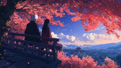 Two figures share a quiet sunset above a cherry blossom city