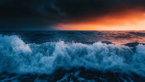 Dark stormy ocean waves under vivid sunset sky.