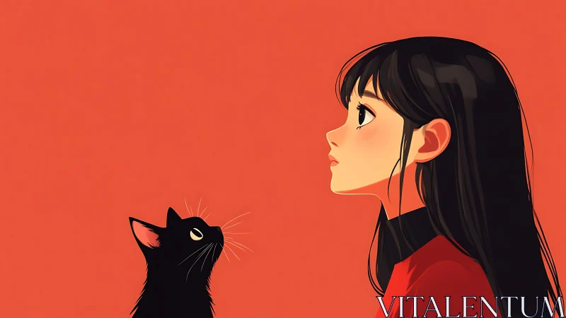 Side-profile anime portrait of girl and cat on flat red field.