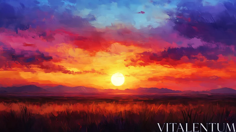 Painted sunset over distant mountains and flat grassland terrain