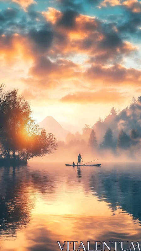Fisher stands on small boat in misty lake at sunrise