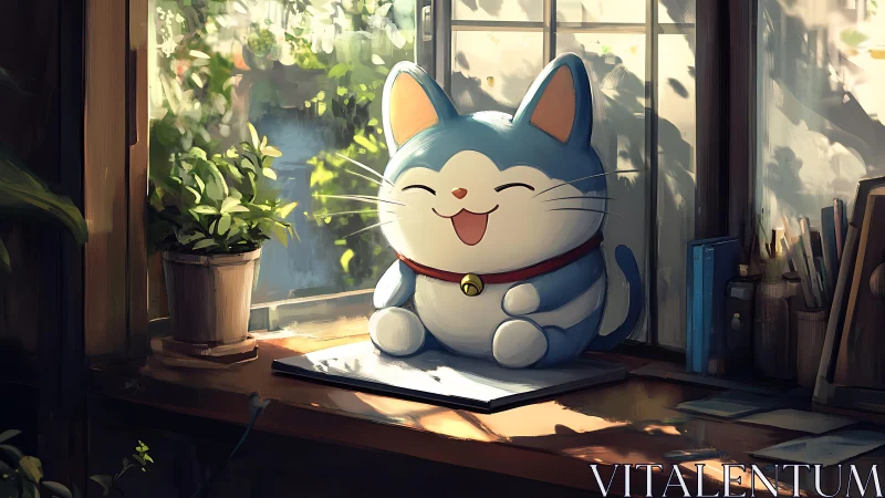 Sunny window nook with a cheerful blue chubby cat figure.