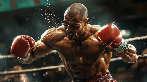 Champion boxer in red gloves delivers powerful strike in arena