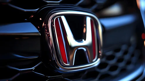 Close-up of Honda car grille with chrome logo, modern style.
