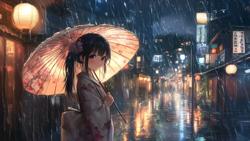 Soft rain stroll beneath lanterns in a quiet anime night.