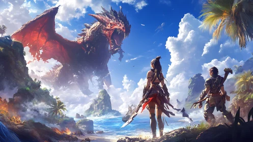 Warriors confront airborne dragon over tropical shoreline.