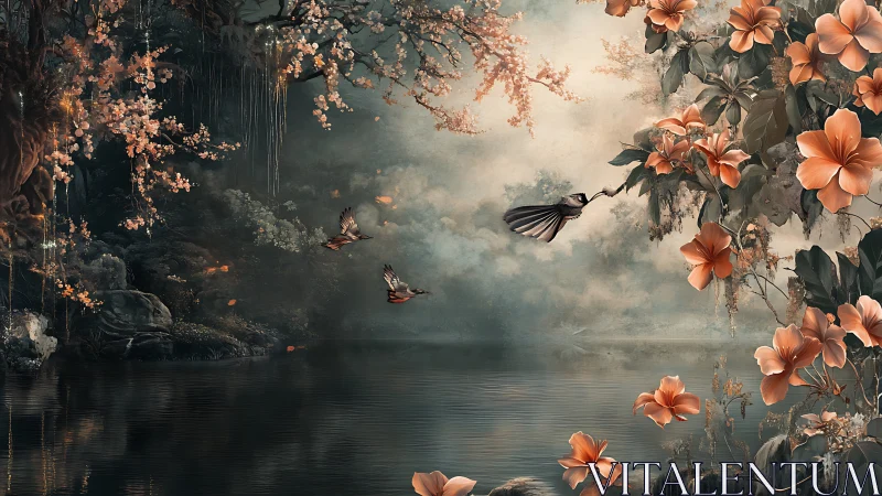 Birds glide above misty lake framed by blooming trees