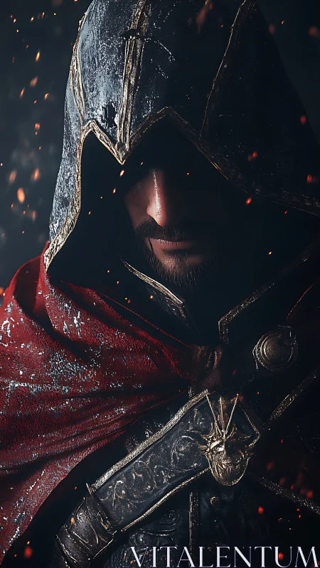 Hooded warrior portrait in ember-lit dramatic close-up.