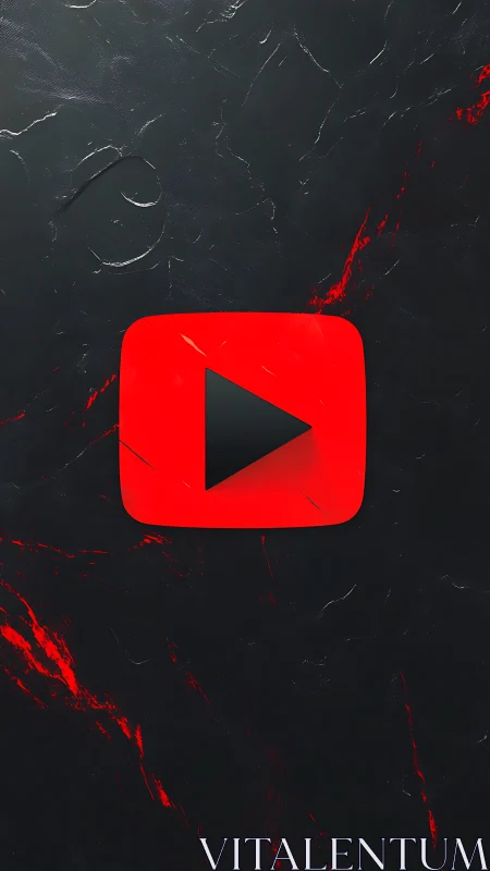 Red play icon on dark marble textured background.