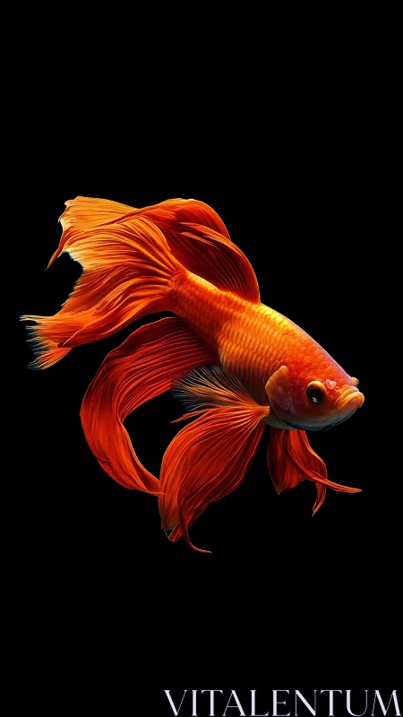 Vivid orange betta fish glides gracefully against black void