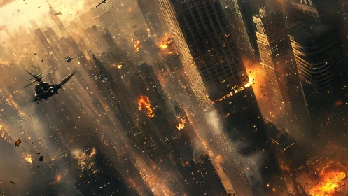 Firestorm over the vertical metropolis in war-torn dusk.