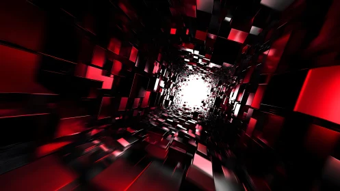 Futuristic tunnel of red and black cubes in abstract digital style.