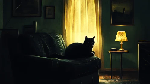 Black cat lounging on green sofa in moody interior with warm light
