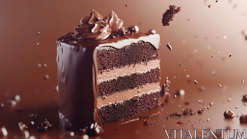 Decadent chocolate cake slice with frosting drip