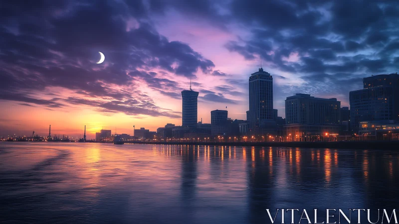 Crescent moon over violet dusk city skyline reflections.