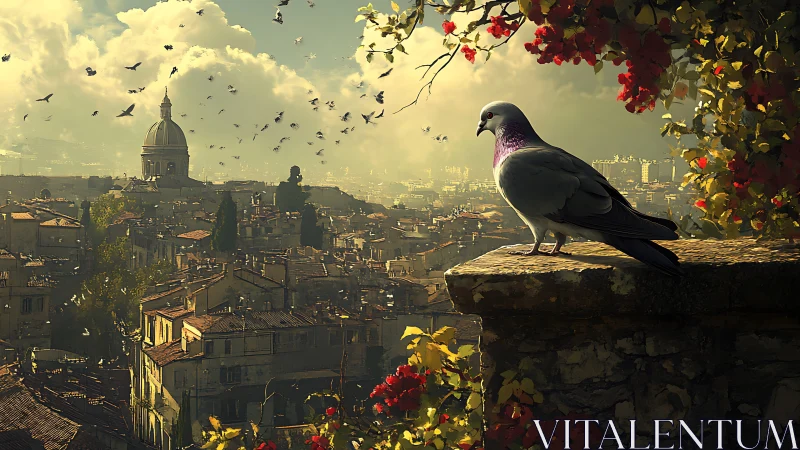 Pigeon overlooks sunlit domed city under golden sky.