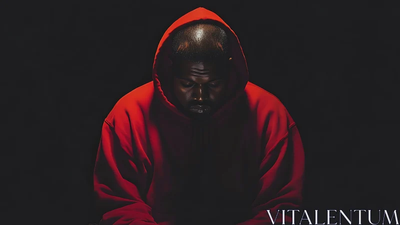 Moody hooded portrait in red against deep black backdrop.