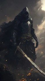Dark armored knight stands amid swirling embers and smoke.