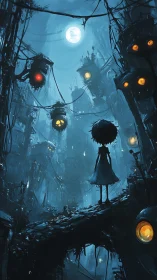 Moonlit child wandering through a curious neon ghost city.