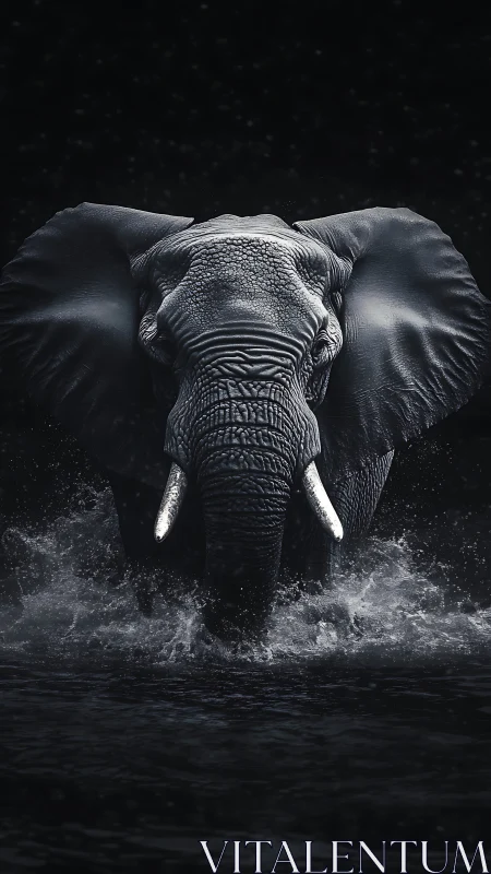 Majestic elephant charging through dark reflective water.