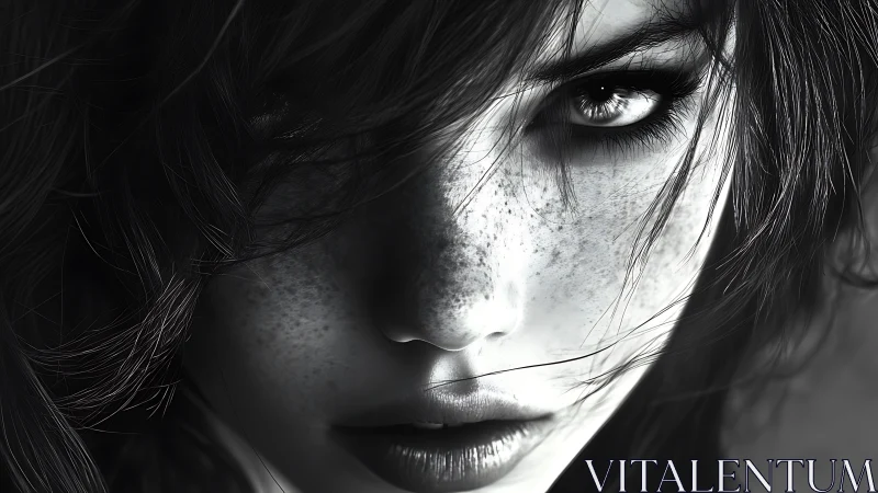 Intense freckled gaze cuts through monochrome shadows and light