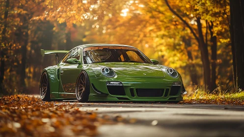 Green sports coupe on forest road in autumn foliage scene.