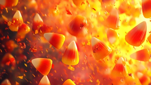 Luminous Candy Corn Explosion with Fiery Gradient Background.