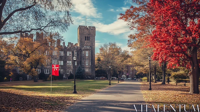 Inviting college walkway framed by colorful autumn trees.