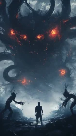 Lone figure confronting vast fiery-eyed shadow entity.