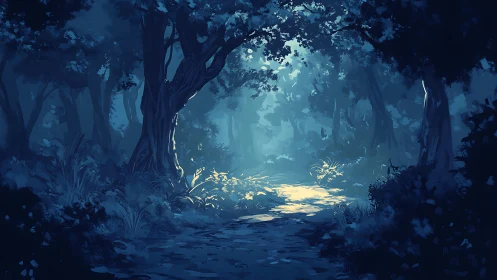 Enchanted Forest Path Bathed in Ethereal Blue Light.