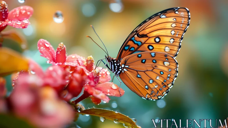 Macro capture of orange butterfly on dewy coral blossoms.