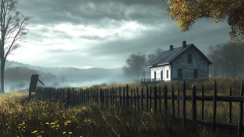 Rural wooden house stands behind fence in misty meadow