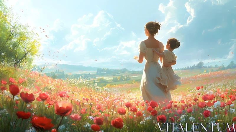 Sunlit meadow stroll captures tender moment between mother and child