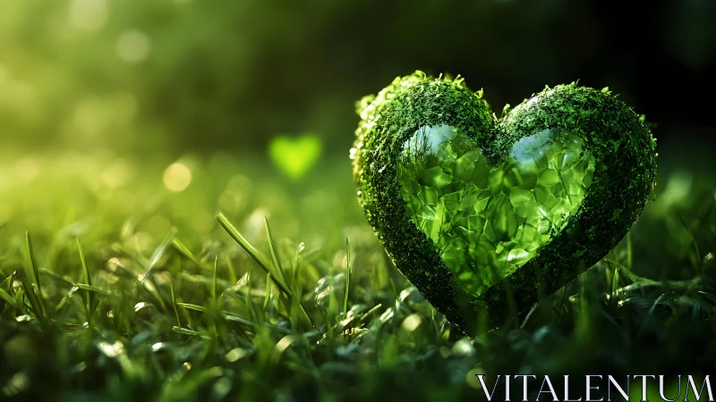 Heart-shaped green glass sculpture on grass, nature-inspired art.