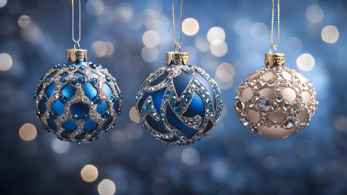Elegant blue and silver Christmas baubles shimmer in bokeh light.