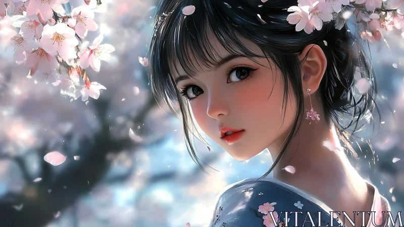 Soft spring gaze beneath drifting cherry blossoms.