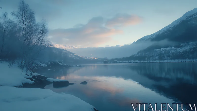 Silent winter fjord lies beneath soft pastel sunrise glow