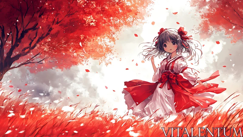 Girl in red and white kimono amid red autumn field.