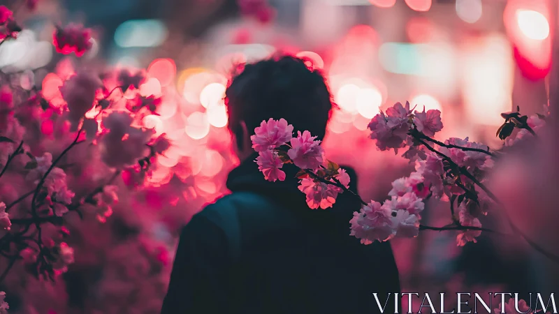 Backlit silhouette framed by neon bokeh and pink blossoms.