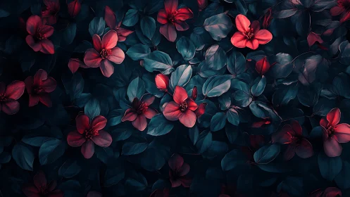 Deep Teal and Crimson Floral Composition with Layered Botanical Elements.