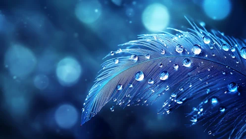 Crystal-kissed blue feather floating in midnight hush.