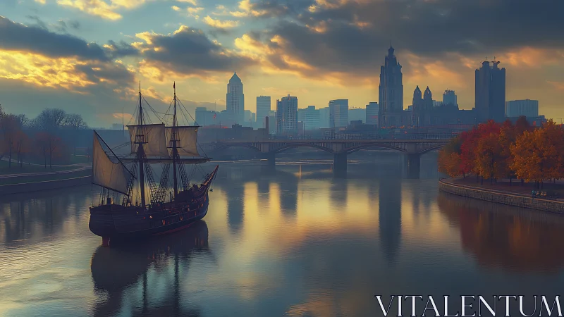 Tall ship gliding toward a misty modern riverside skyline.