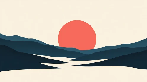 Minimalist vector sunset over layered stylized mountain silhouettes