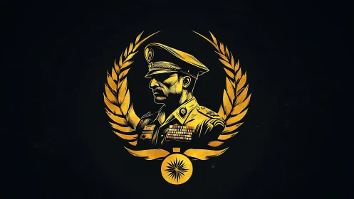Gold military officer emblem with laurel wreath on black.