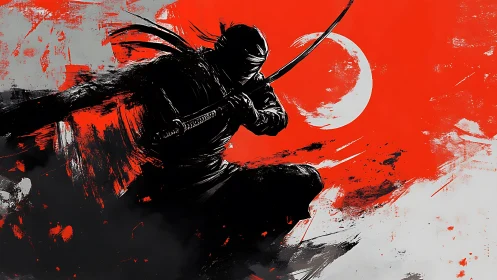 Shadowed ninja warrior poised before a scarlet moon.