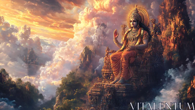 Divine goddess seated above sunlit cloud temples at dusk.