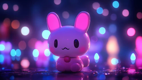 Neon-luminance analysis of glossy toy bunny under bokeh field.