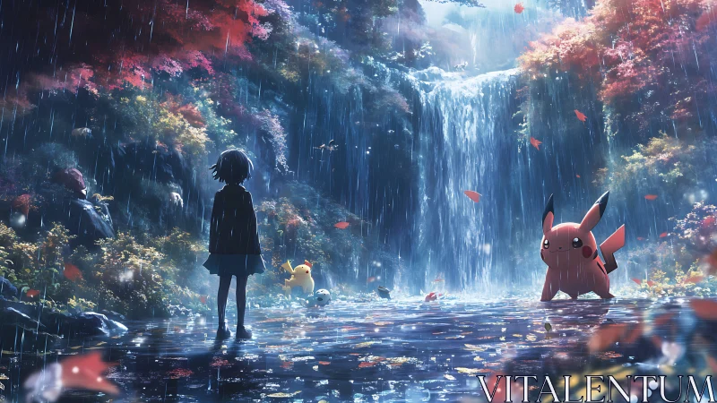 Rainlit forest meet-cute with luminous electric companions.